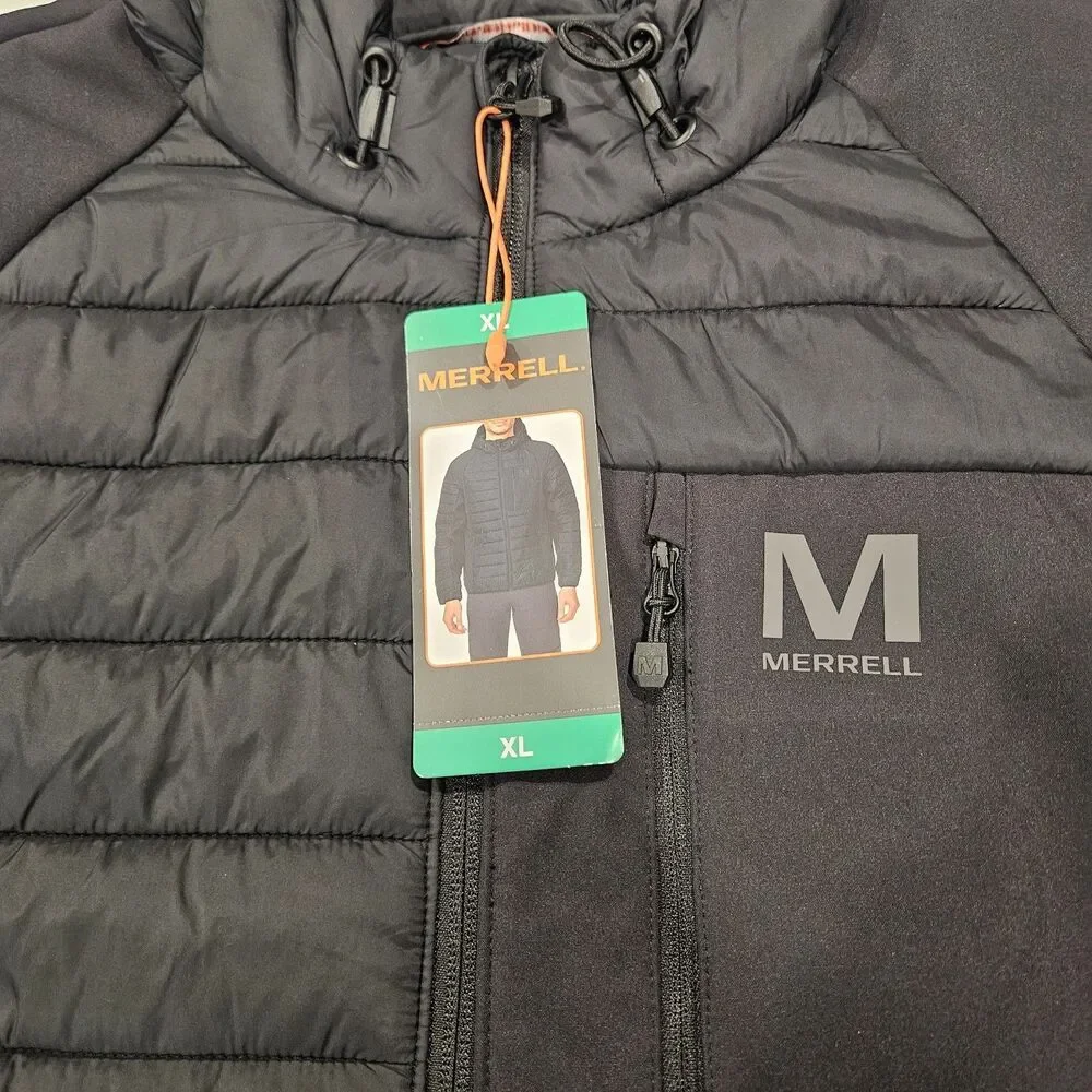 Merrell Men's Hooded Mixed‎ Media Puffer Softshell Jacket, Black, XL